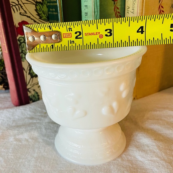 Vintage Milk Glass Pedestal Bowl with Heart Vine Pattern - Picture 3 of 7